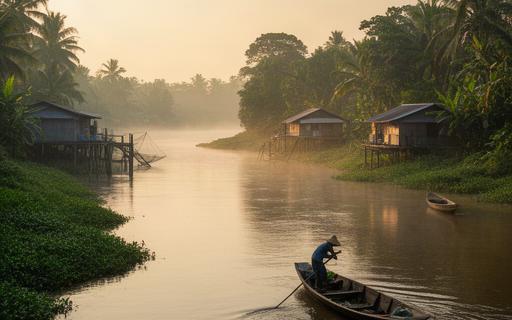 Fisherman guiding a narrow boat past riverside homes and green banks along the Mekong River at dawn